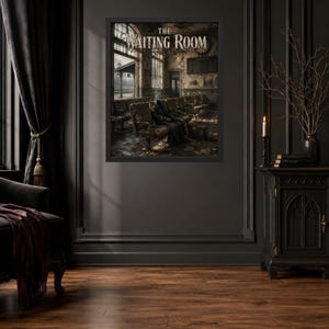 May include: A framed wall art print titled The Waiting Room, depicting a dark, dilapidated train station interior with rows of empty chairs and a solitary cloaked figure sitting in the center, rendered in muted brown and grey tones.