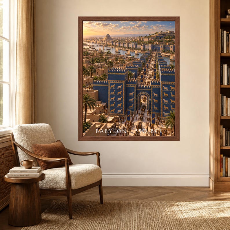 May include: A framed wall art print depicting an ancient city with blue walls adorned with golden animal reliefs, a bustling street scene, and a river under a sunset sky. The text BABYLON 550 BCE is printed at the bottom of the artwork.