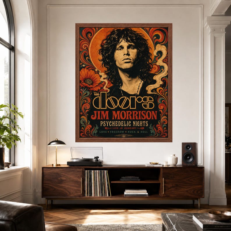 May include: A framed rectangular poster featuring a portrait of Jim Morrison centered against an orange circular background. The artwork includes swirling floral patterns, the text The Doors, Jim Morrison, Psychedelic Nights, and Love Freedom Rock & Roll.