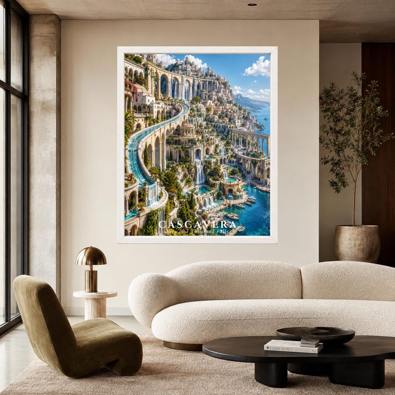 Puede incluir: Una impresi&oacute;n de arte mural vertical enmarcada que muestra una ciudad costera con arcos de piedra, cascadas y agua azul. El texto CASCAVERA est&aacute; impreso en blanco en la parte inferior central, sobre un cielo azul brillante y monta&ntilde;as.