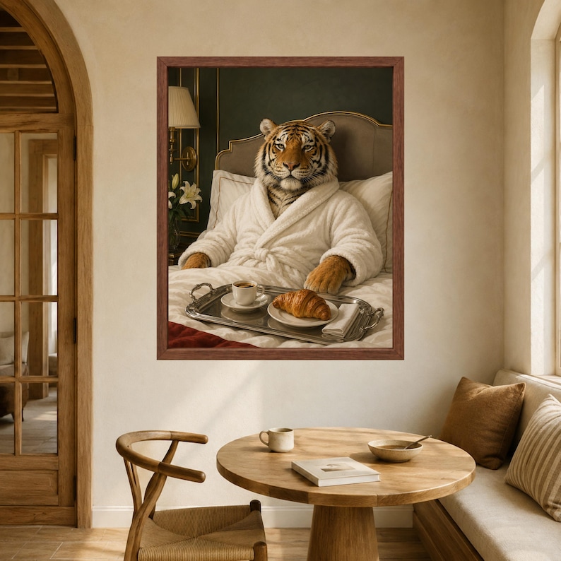 May include: A framed wall art print depicting a tiger wearing a white plush bathrobe, sitting up in bed with a silver tray holding a cup of coffee and a croissant. The tiger has orange and black fur and is positioned against a headboard.