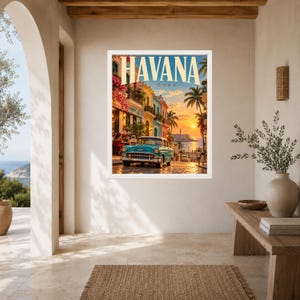 Havana Cuba Travel Poster, Classic Car, Tropical Sunset (Digital Download) image 5