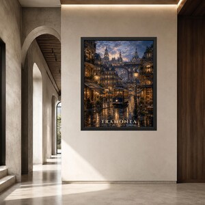 Puede incluir: Una impresi&oacute;n de arte mural enmarcada que representa una calle de estilo europeo al atardecer con un tranv&iacute;a antiguo, farolas brillantes y arquitectura ornamentada. El texto TRAMONTA City of the Endless Evening aparece en la parte inferior.