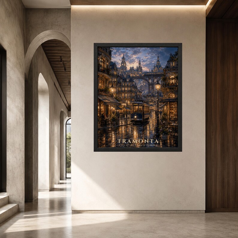 Puede incluir: Una impresi&oacute;n de arte mural enmarcada que representa una calle de estilo europeo al atardecer con un tranv&iacute;a antiguo, farolas brillantes y arquitectura ornamentada. El texto TRAMONTA City of the Endless Evening aparece en la parte inferior.