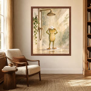 Funny Frog Shower Print, Whimsical Bathroom Art, Sage Green Spa Decor (Digital Download) imagen 3