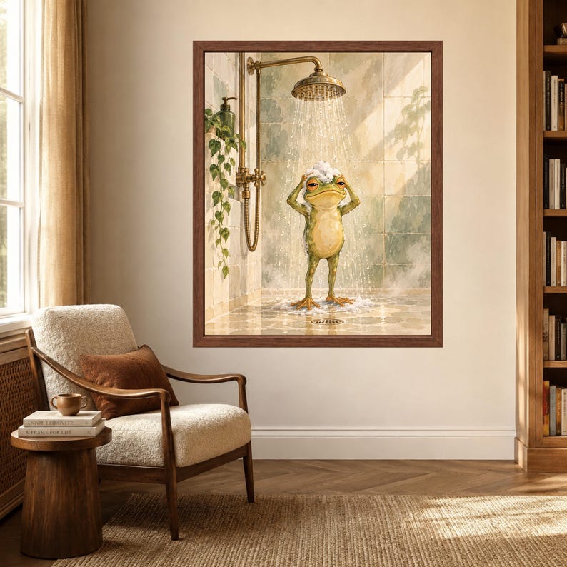 Funny Frog Shower Print, Whimsical Bathroom Art, Sage Green Spa Decor (Digital Download) imagen 3