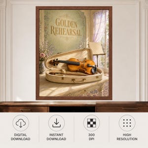 Pu&ograve; includere: Una stampa artistica da parete incorniciata intitolata Golden Rehearsal che mostra un violino in legno all'interno di una custodia aperta foderata in velluto color crema su un tavolo. Lo sfondo mostra una stanza con un leggio e un vaso.