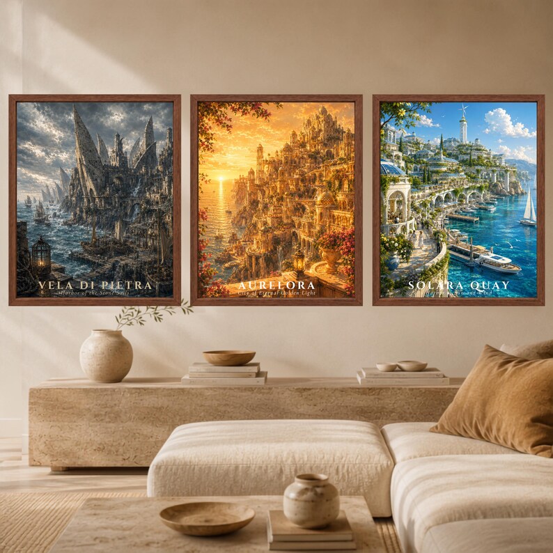 May include: Three framed wall art prints featuring fantasy coastal cityscapes. The left print shows a dark, rocky harbor titled VELA DI PIETRA. The center print depicts a golden sunset city named AURELORA. The right print shows a bright, sunny port, SOLARA QUAY.