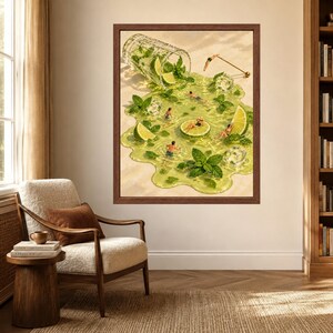 Stampa artistica surreale a tema mojito per piscina, cocktail lime e menta, decorazione per carrello bar (download digitale) immagine 3