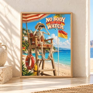 Skeleton Lifeguard Beach Poster, Funny Summer Humor Art (Digital Download)