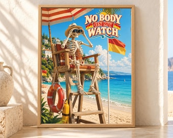 Skeleton Lifeguard Beach Poster, Funny Summer Humor Art (Digital Download)