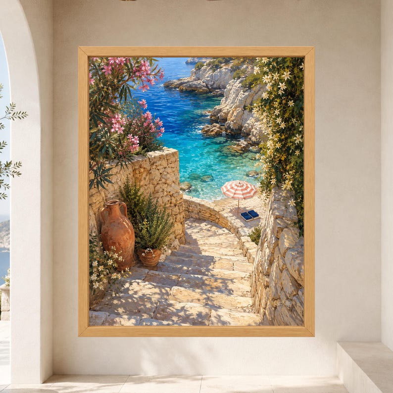 Peut inclure: Une impression d'art encadr&eacute;e repr&eacute;sentant un escalier en pierre menant &agrave; une crique m&eacute;diterran&eacute;enne turquoise. La sc&egrave;ne pr&eacute;sente une grande amphore en terre cuite, des lauriers roses, des vignes blanches et un parasol ray&eacute; rouge et blanc.