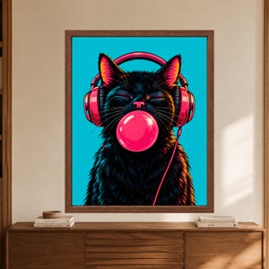 Kopfhörer mit schwarzer Katze im Kaugummi-Design, Pop-Art-Musikzimmer-Dekoration (Digitaler Download) Bild 8