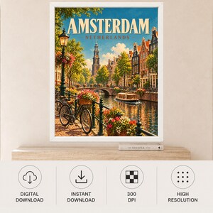 Amsterdam Travel Poster, Netherlands Wall Art, Canal Bicycle Print, Dutch City Decor, Digital Download image 11
