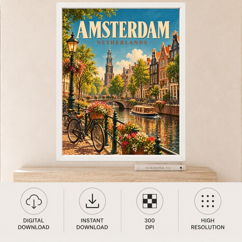 Amsterdam Travel Poster, Netherlands Wall Art, Canal Bicycle Print, Dutch City Decor, Digital Download image 11