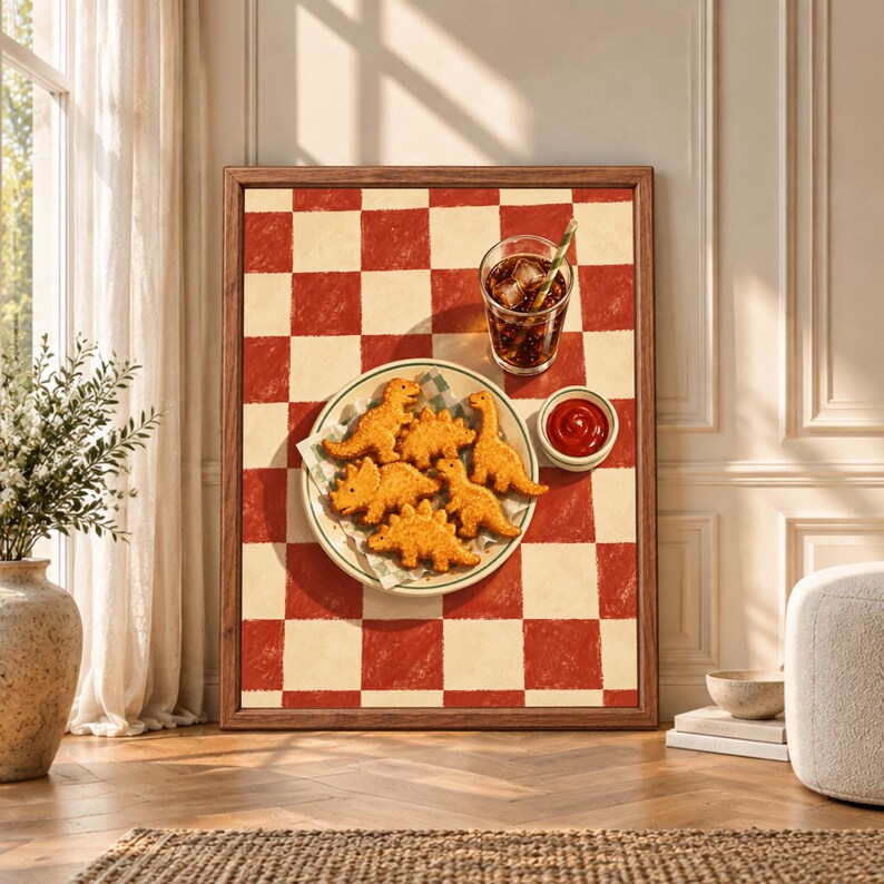 Framed funny kitchen wall art showing dinosaur-shaped chicken nuggets on a plate with ketchup and an iced cola on a red-and-cream checkerboard table.