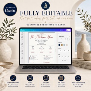 Puede incluir: Una pantalla de port&aacute;til muestra una plantilla de letrero de bienvenida personalizable para un alquiler, con secciones para Wi-Fi, check-in, normas de la casa y contacto. La interfaz muestra herramientas de edici&oacute;n de Canva.
