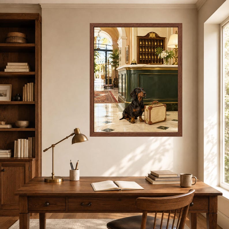 May include: A framed wall art print depicting a black and tan dachshund sitting on a marble floor next to a vintage beige suitcase in a hotel lobby. The scene includes a dark green reception desk, a brass key rack, and a lamp in the background.