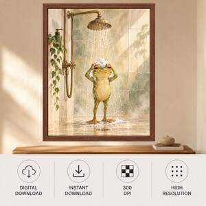 Funny Frog Shower Print, Whimsical Bathroom Art, Sage Green Spa Decor (Digital Download) imagen 10
