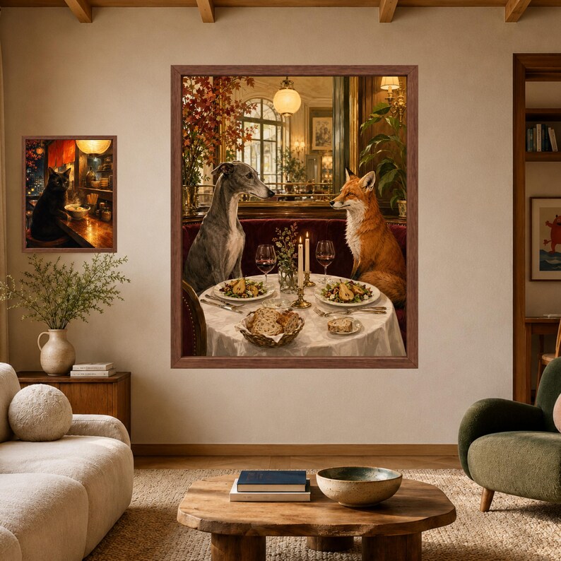 May include: A large rectangular wall art print in a brown frame depicting a grey dog and a red fox sitting at a round table set for dinner with plates, wine glasses, and candles. A smaller square framed print of a black cat is displayed to the left.