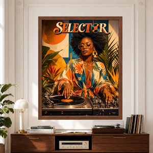 Framed Selector DJ wall art featuring a stylish female DJ with natural hair and round glasses mixing a vinyl record on a turntable surrounded by tropical plants and warm retro decor.