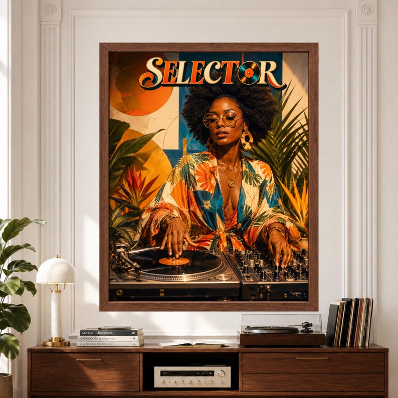 Framed Selector DJ wall art featuring a stylish female DJ with natural hair and round glasses mixing a vinyl record on a turntable surrounded by tropical plants and warm retro decor.