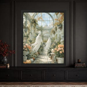 Framed ghost greenhouse wall art showing two white sheet ghosts floating through a bright Victorian glass conservatory filled with flowers, leafy plants, pale pumpkins and autumn foliage.