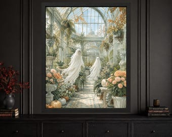 Cottagecore Ghost Greenhouse Print, Botanical Halloween Art (Digital Download)