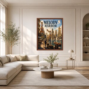 May include: A framed wall art print titled Melody Harbor featuring a cityscape with a large harp-shaped building, a canal with boats, and people walking along a waterfront path under a blue sky with clouds, all enclosed in a dark wood frame.