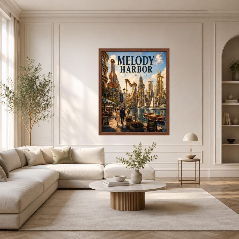 May include: A framed wall art print titled Melody Harbor featuring a cityscape with a large harp-shaped building, a canal with boats, and people walking along a waterfront path under a blue sky with clouds, all enclosed in a dark wood frame.