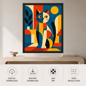 Geometric Cat Print, Mid-Century Modern Bauhaus Animal Art (Digital Download) image 13