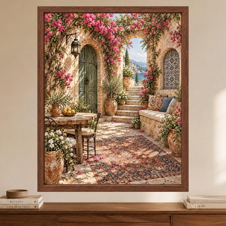 May include: A framed wall art print depicting a Mediterranean stone patio with a wooden table, chairs, and a patterned rug. The scene features stone arches, vibrant pink bougainvillea flowers, terracotta pots, and a view of distant hills.