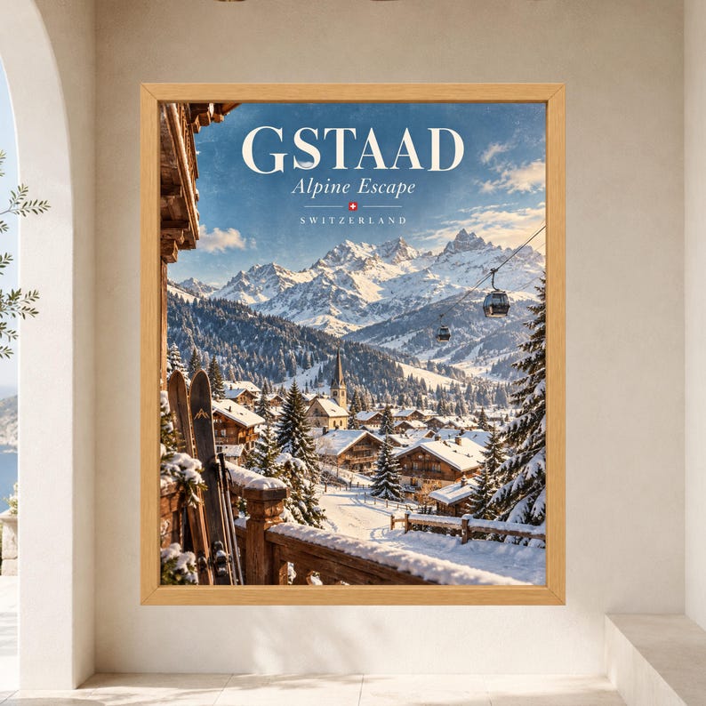 Gstaad Swiss Alps Travel Poster, Alpine Village, Ski Resort (Digital Download) image 8