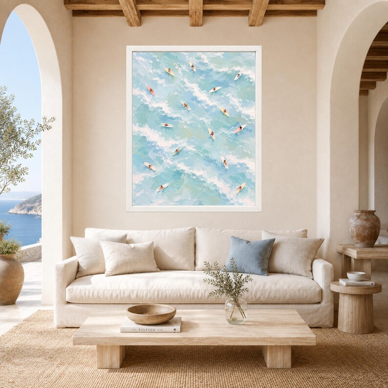 Aerial Surfers Ocean Print, Pastel Blue Coastal Art (Digital Download) image 3