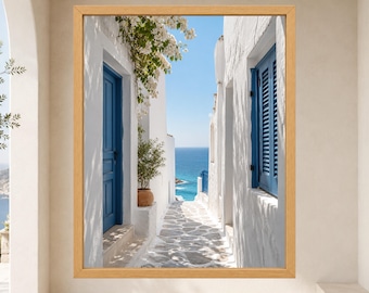 Stampa di un vicolo di un'isola greca, arte costiera con porta blu mediterranea (download digitale)