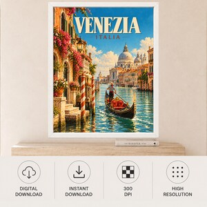 Venice Travel Poster, Gondola Wall Art, Venezia Italy Print, Grand Canal Decor, Digital Download image 11