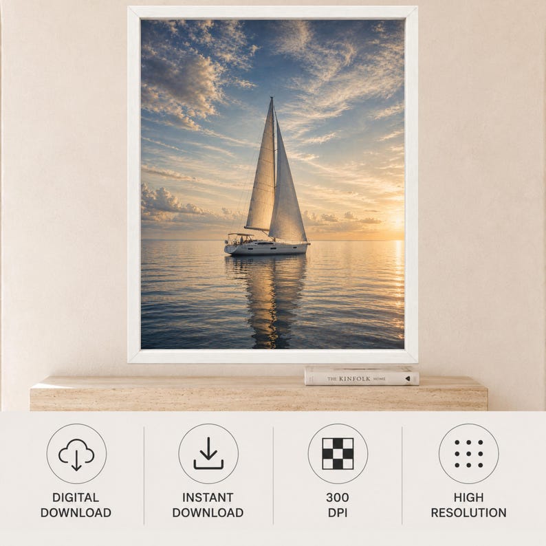 May include: A framed wall art print featuring a sailboat on calm water at sunset. The white sailboat is centered, reflecting on the surface under a sky filled with soft clouds and golden light. The frame is white and rectangular in shape.