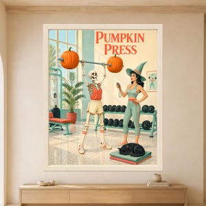 Framed Pumpkin Press Halloween wall art featuring a skeleton lifting a pumpkin barbell in a colorful retro gym beside a witch trainer and sleeping black cat.