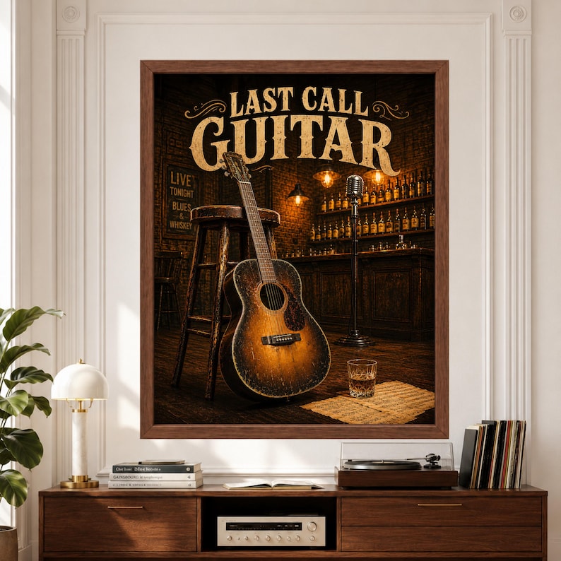 Framed Last Call Guitar wall art featuring a worn acoustic guitar beside a wooden bar stool and vintage microphone in a warm blues bar with dark wood shelves, amber lights, drink glass and scattered sheet music above a record player console.