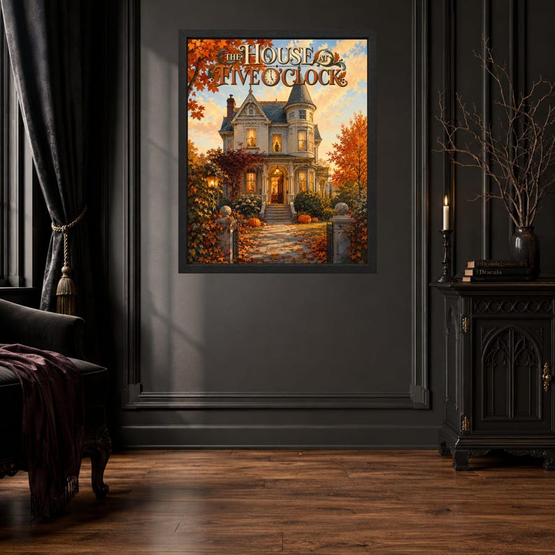 May include: A framed wall art print titled The House at Five O'Clock, depicting a Victorian-style house surrounded by autumn trees with orange and red foliage, a stone walkway, and pumpkins, all set against a warm, golden sunset sky background.