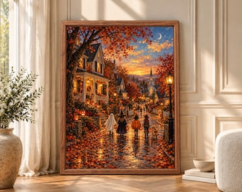 Cozy Halloween Village Print, Trick-or-Treaters, Autumn Street (Digital Download)
