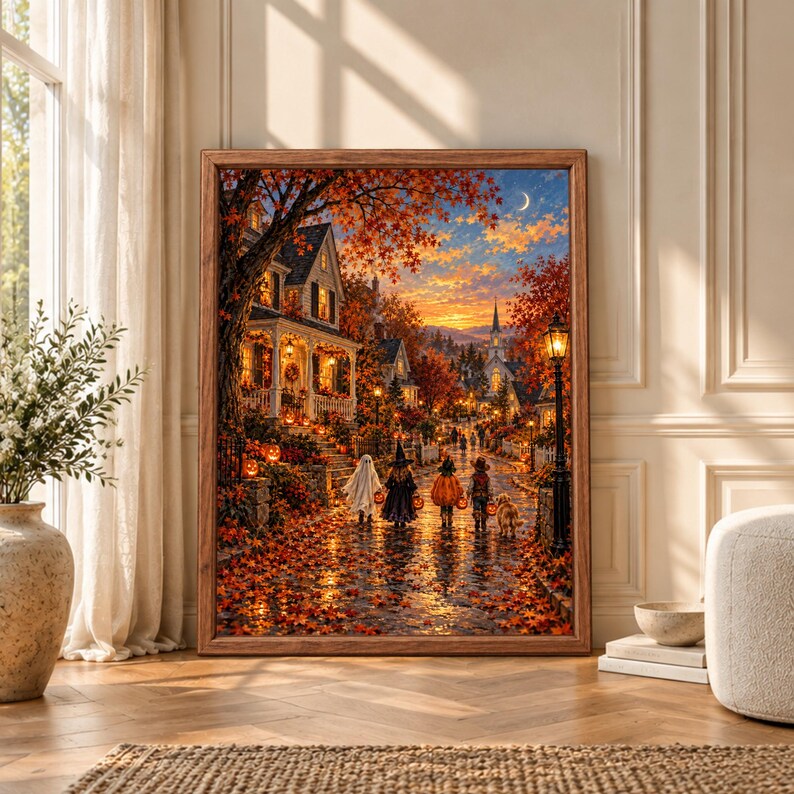 Framed Halloween village wall art showing costumed children trick-or-treating along a wet autumn street lined with glowing pumpkins, decorated houses, orange leaves and a crescent moon.