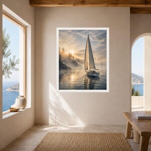 May include: A framed wall art print featuring a sailboat on calm water during a misty sunrise. The scene includes a tall mast, white sails, and a dense forest shoreline partially obscured by fog, with golden sunlight reflecting on the water surface.