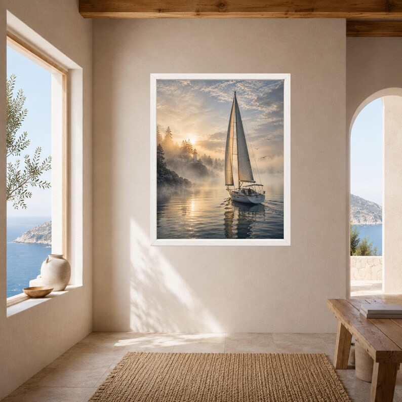May include: A framed wall art print featuring a sailboat on calm water during a misty sunrise. The scene includes a tall mast, white sails, and a dense forest shoreline partially obscured by fog, with golden sunlight reflecting on the water surface.