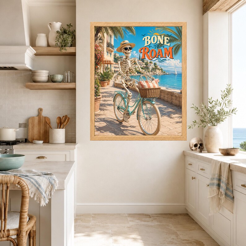 Peut inclure: Une impression d'art encadr&eacute;e repr&eacute;sentant un squelette portant un chapeau de paille et des lunettes de soleil, chevauchant un v&eacute;lo bleu clair sur un chemin c&ocirc;tier. Le texte BONE TO ROAM est &eacute;crit en lettres orange et bleues au-dessus.