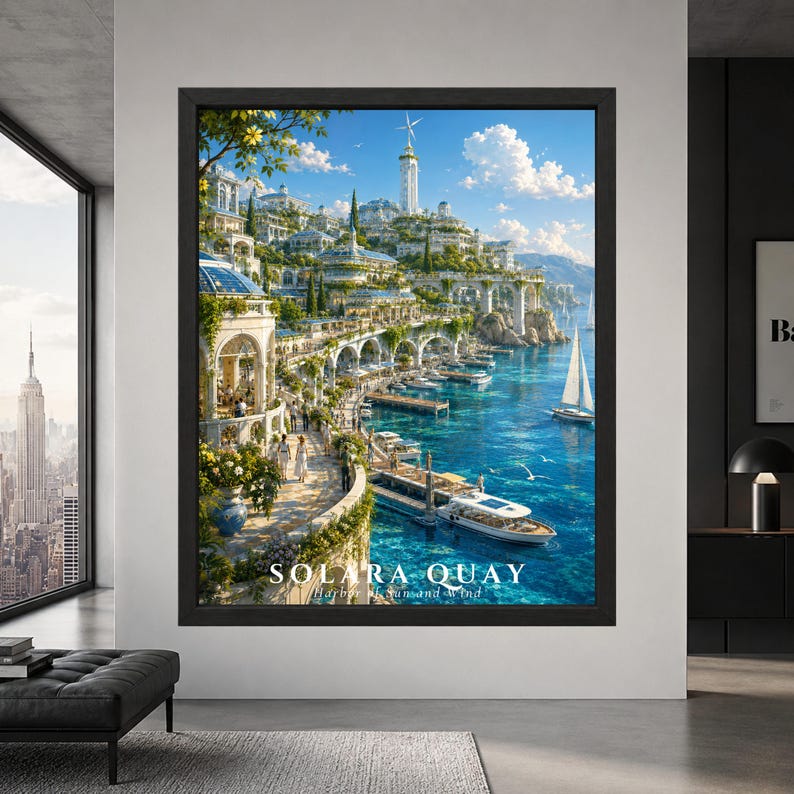 Framed Solara Quay fantasy coastal city wall art showing a bright Mediterranean-style harbor with white terraces, yachts, sailboats, solar architecture and a wind turbine above turquoise water.