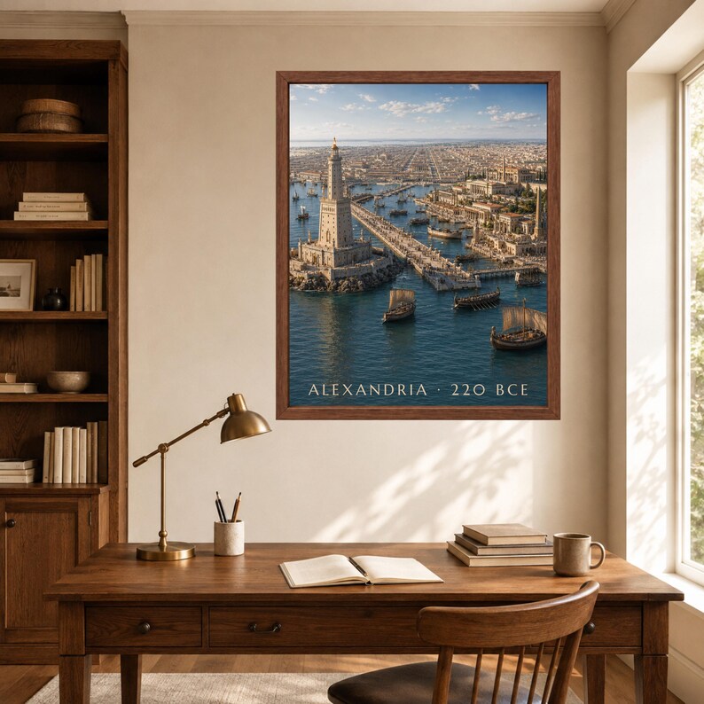 May include: A framed wall art print depicting the ancient Lighthouse of Alexandria with ships in the harbor and the text ALEXANDRIA 220 BCE. The image features a tall stone tower, a long causeway, and blue water under a clear sky.