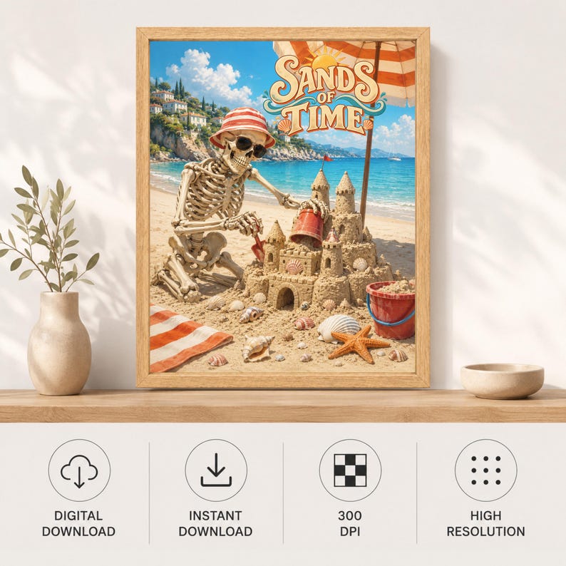 Funny Skeleton Sandcastle Beach Poster, Summer Vacation Art (Digital Download) Bild 11