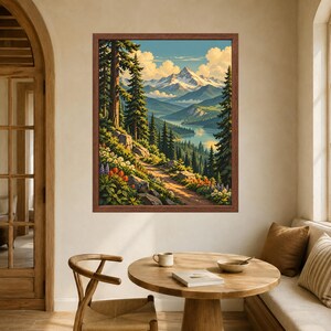 Pode incluir: Uma impress&atilde;o de arte emoldurada retratando uma paisagem de montanha com um caminho de terra sinuoso, &aacute;rvores perenes altas e flores silvestres coloridas em primeiro plano. Um lago calmo fica no vale sob picos de montanhas nevadas.