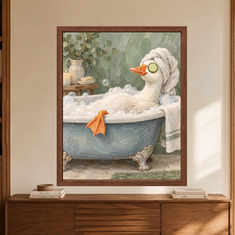 Spa Duck Bath Print, Cucumber Eyes, Sage Green Bathroom Art (Digital Download) image 8